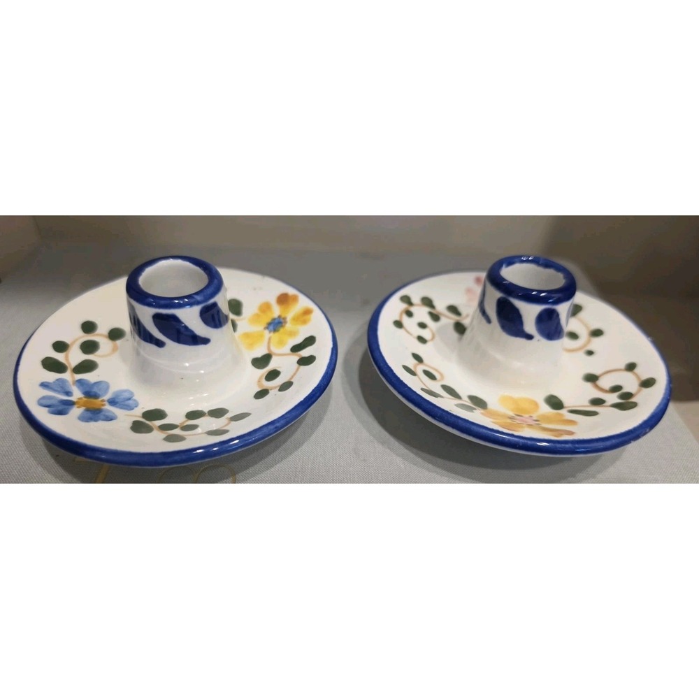 VTG Spanish Glazed Pottery Candle Holders Pair Hand Painted Floral Cuenca Spain - Picture 5 of 9